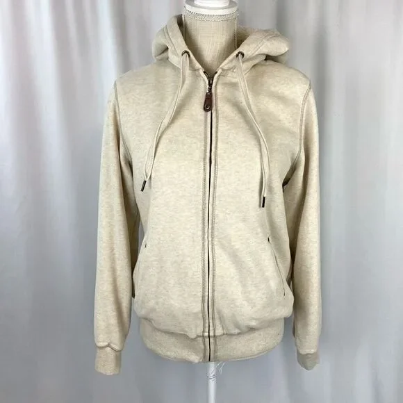 Green Tea Sweatshirt Zip-up Cream Jacket Lined Faux Fur Hooded Women’s Medium Co - Picture 4 of 10
